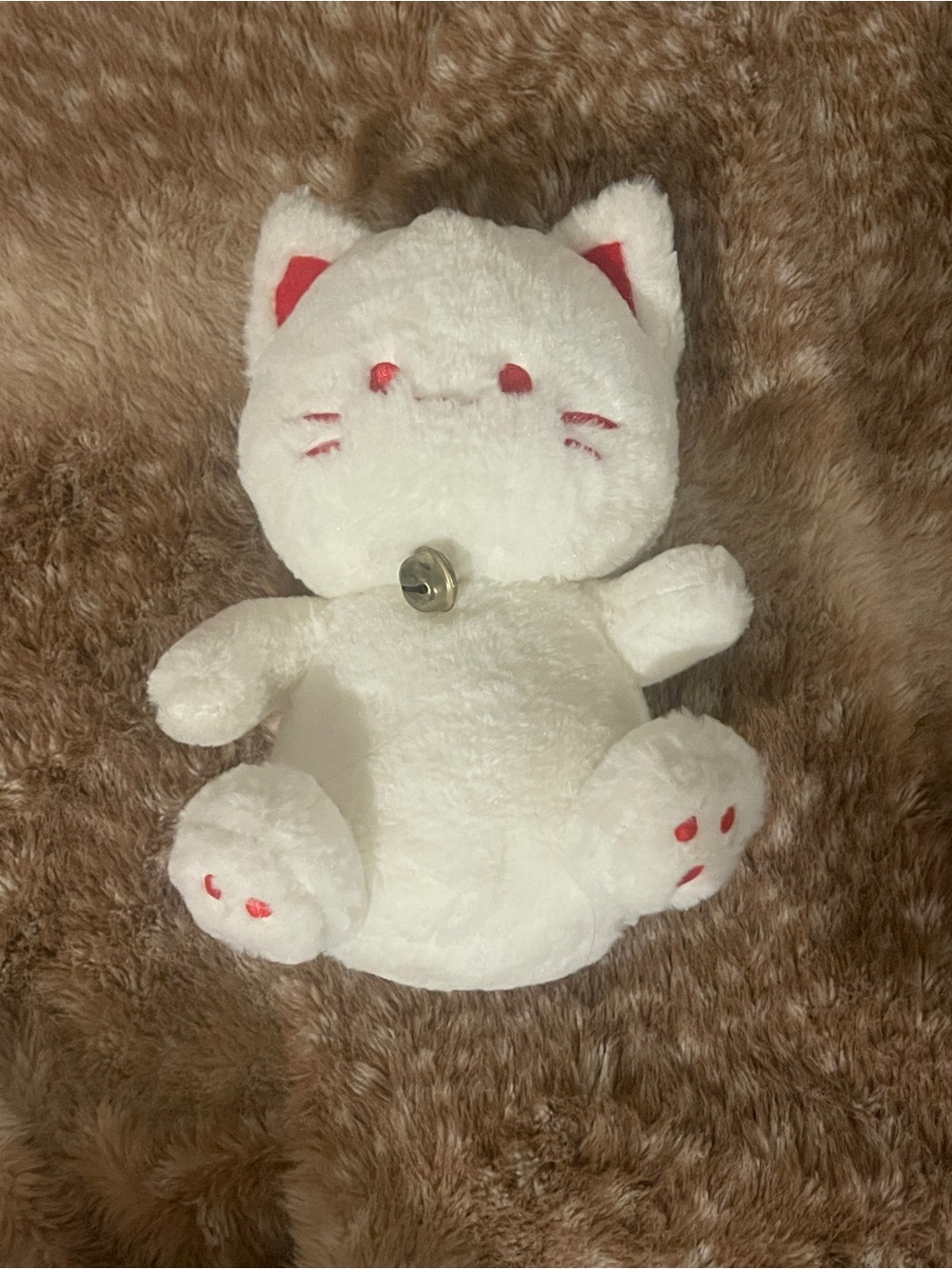 Plush White Cat Toy with Red Accents and Bell - Cute Plush